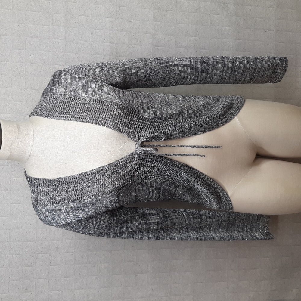 Chico's Grey Silver Metallic Tie Front Sweater